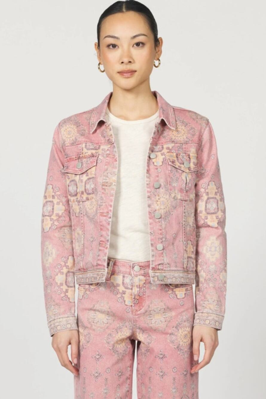 NWT Dear John Ainsley Denim Trucker Jacket Women Sz L Pink Tibetan Tapestry $129